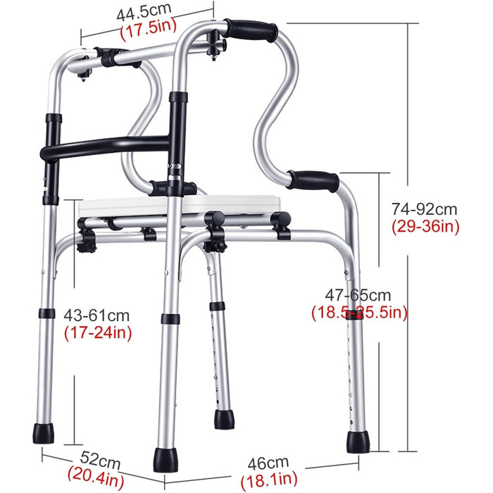 Ходунки без коліс, Легкі стандартні ходунки з сидінням, Допоміжний засіб для ходьби для людей похилого віку з обмеженими можливостями, Медичні розбірні портативні ходунки/крісло для душу з регулюванням висоти