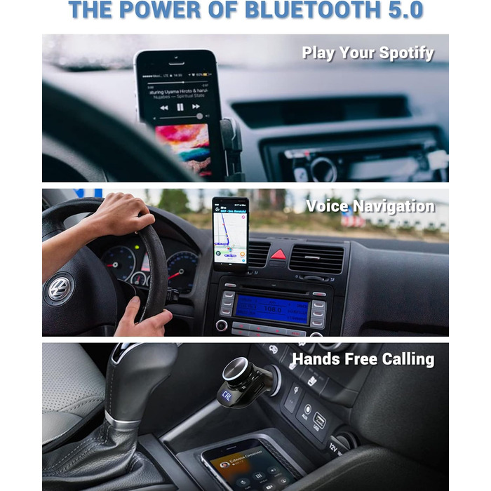 Передавач для автомобіля, автомобільний адаптер Bluetooth 5.0, MP3-плеєр Бездротовий радіоприймач Автомобільний комплект Підтримка 48 Вт (USB-C PD QC3.0)/AUX/TF C. ARD/U-D ISK, ТЕМНО-ЧОРНИЙ