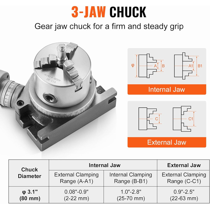 Поворотний стіл VEVOR для фрезерних верстатів 4''/100 мм з 3-кулачковим патроном 3,1''/80 мм