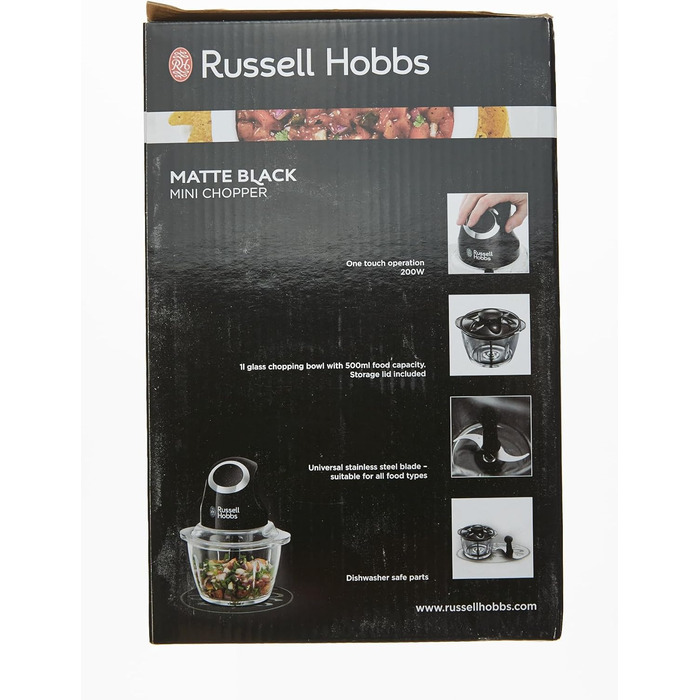 Електричний подрібнювач Russell Hobbs Mini скляний контейнер з кришкою для зберігання матовий чорний (500 мл, подрібнювач овочів, блендер, мульти-& універсальний подрібнювач овочів, фруктів і м'яса) 24662-56 Подрібнювач, одинарний