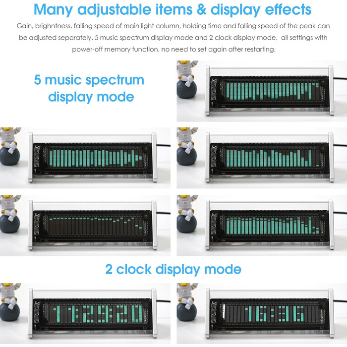Аналізатор звукового спектру, підсвічування музичного спектру, настільний годинник з пультом дистанційного керування, 3,5 мм AUX вхід, 2 режими годинника, 5 режимів музичного спектру