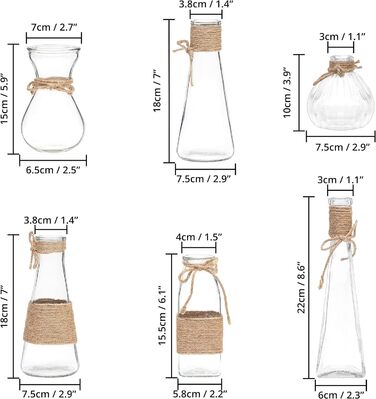 Маленькі вази для прикраси столу Winter Shore Pack of 6 - Квіткова ваза Vintage різних форм - Настільні вази маленькі з нековзним дном і коричневою мотузкою - Сільські вази маленькі для прикраси столу та весільні прикраси