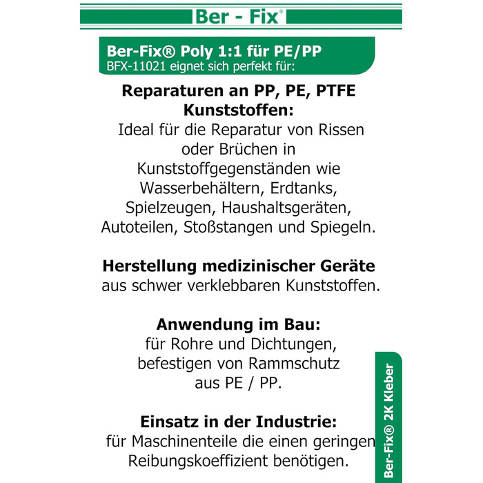 Клей Ber-Fix 6x50g 2K Poly 11 PE PP, будівельний клей для поліпропілену (PP) та поліетилену (PE), без грунтовки, швидке затвердіння, в т.ч. 6 порад для змішування, міцний двокомпонентний пластиковий клей Пістолет не в комплекті Стандарт 6