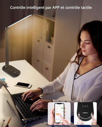 Світлодіодна лампа VOCOlinc Smart Desk Lamp з бездротовою зарядкою 10 Вт, сумісна з HomeKit/Alexa/Google Home, плавне затемнення, голос/додаток/сенсорне керування, з таймером, функцією пам'яті DL2202