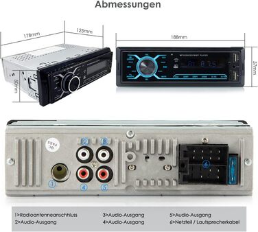 Автомобільна стереосистема iFreGo з Bluetooth гучного зв'язку, 7-колірна автомобільна стереосистема MP3-плеєр/FM-радіо з пультом дистанційного керування, автомобільна стереосистема 1 Din з Bluetooth5.0 / USB/TF/AUX, швидка зарядка, 60 Вт 4