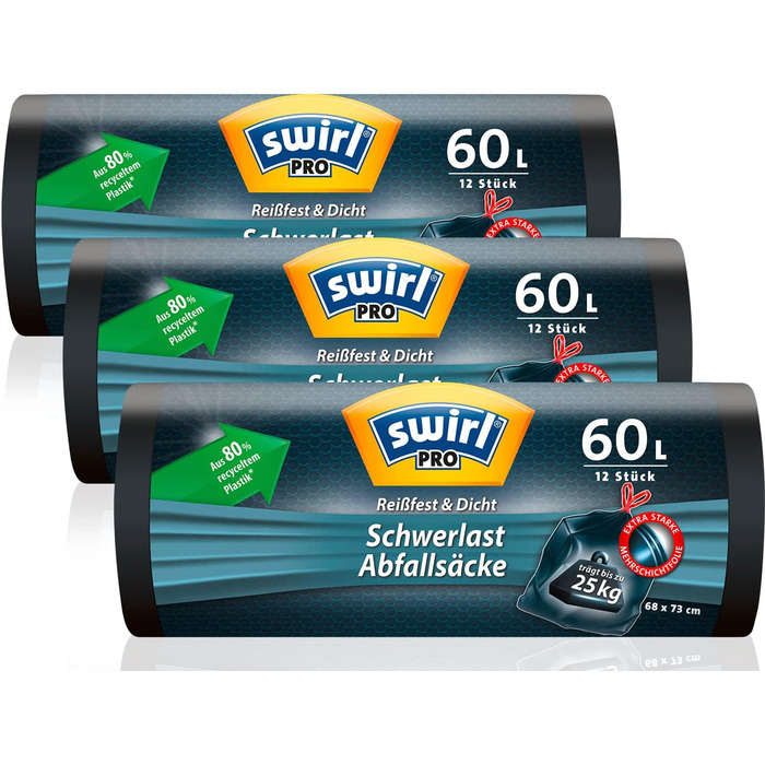 Мішки для сміття Swirl Heavy Duty 60 л (3 x 12 мішків), мішки для сміття з практичним шнурком, захищені від крапель і проколів мішки для сміття для важких відходів з дому та саду Чорний 12 шт. (3 упаковки)