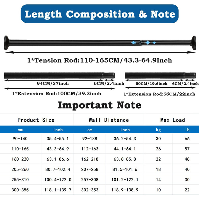 Карниз для штор 300 см Довгий карниз Душова штанга додаткової довжини без свердління Штанга для одягу Висувний для ванної кімнати, спальні чорний (255-310 см 32 мм) Чорний 255-310 см