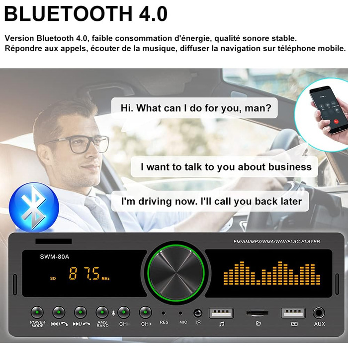 Автомобільна стереосистема CAMECHO з Bluetooth гучного зв'язку, 2 порти USB, функція MP3, FM/TF/AUX/USB, з поворотними кнопками гучності, з пультом дистанційного керування мобільний додаток різнокольорові вогні