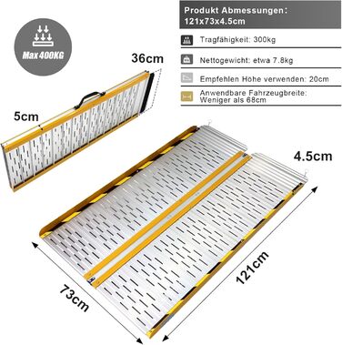 Пандус для інвалідного візка, Рампа для інвалідного візка складна, до 300 кг, Алюмінієвий пандус для сходинок, порогів, сходів, перешкод 121см (корисна висота 12-30см), 12173