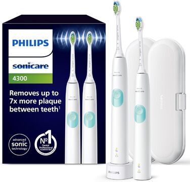 Електрична зубна щітка Philips Sonicare ProtectiveClean 4300, звукова зубна щітка з двома налаштуваннями інтенсивності, датчиком тиску та таймером, біла, 2 упаковки, модель HX6807/35 біла та біла 2 шт. и (1 упаковка)