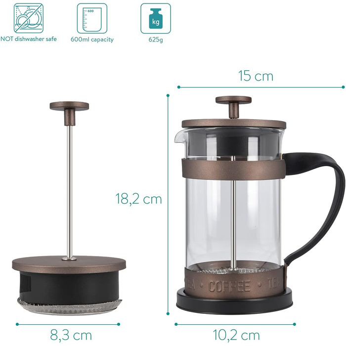 Кавоварка Navaris French Press з фільтром з нержавіючої сталі - 600 мл Stamp Pot - 15x10.2x18.2см - 0.6 л Кавоварка Press Pot - також для чаю 600 мл Brown