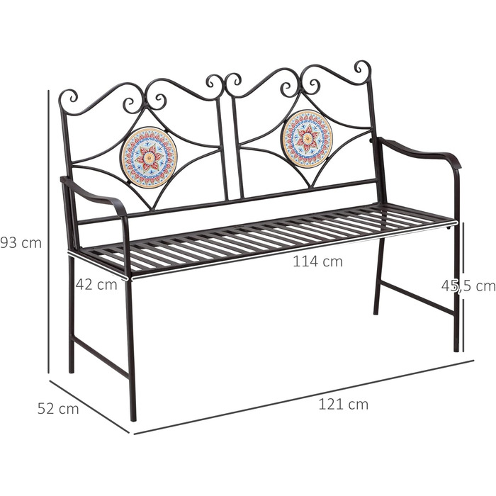 Лавка Outsunny Garden Metal, 2-місна паркова лавка зі спинкою, підлокітником, лавка з мозаїчними каменями для саду, балкона, макс. 220 кг, коричнева, 121 х 52 х 93 см