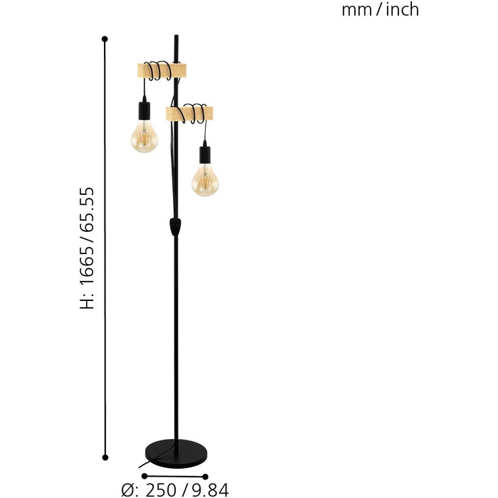 Торшер EGLO Townshend, вінтажний торшер на 2 полум'я, світильник з дерев'яними балками, ретро торшер з металу чорного кольору та дерева в природі, торшер з цоколем E27 не сертифікований FSC