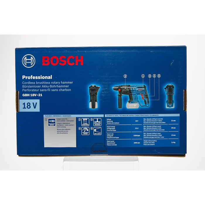 Акумуляторний перфоратор Bosch Professional 18V System GBH 18V-21 (з SDS plus, макс. енергія удару 2 Дж, безщітковий двигун, без акумулятора/зарядного пристрою)