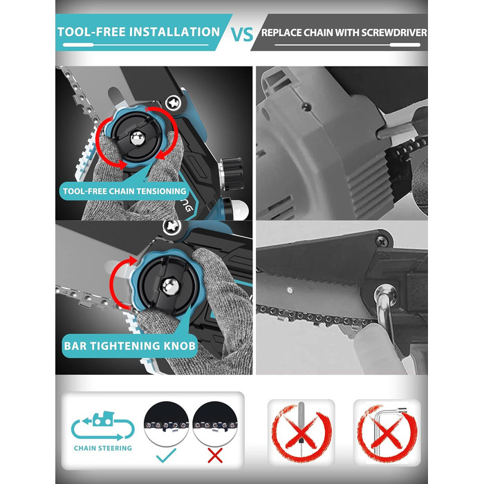 Міні-бензопила з акумулятором, 6-дюймова акумуляторна бензопила, 2 акумулятора по 2,0 Ач, автоматична система змащення, не вимагає інструментів, проста установка, акумулятор для ручної бензопили для садових ножиць синій
