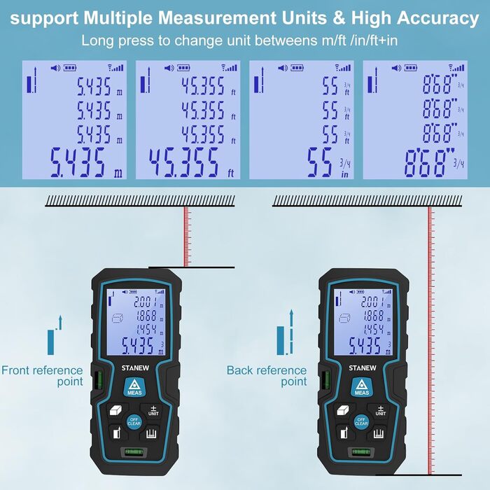 Лазерний далекомір, лазерне вимірювання STANEW IP54 з 2 бульбашковими рівнями, портативний лазерний далекомір Цифровий далекомір Вимірювання відстані, площі та об'єму 100М