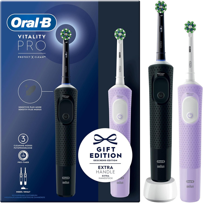 Електрична зубна щітка/електрична зубна щітка Oral-B Vitality Pro, подвійна упаковка з 2 щіток, 3 режими чищення для догляду за зубами, подарунок чоловік/жінка, дизайн Braun, чорний/фіолетовий чорний/бузковий фіолетовий