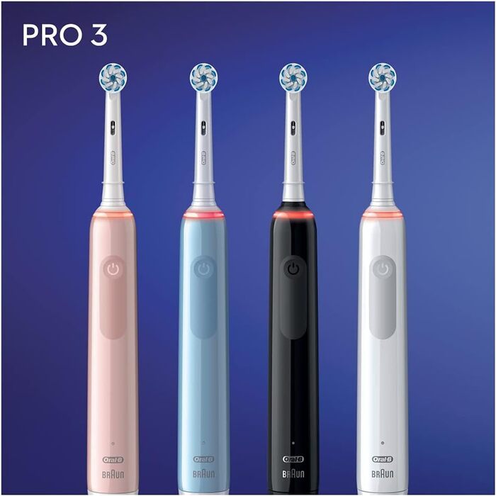 Електрична зубна щітка Oral-B PRO 3 3000 Sensitive Clean, з 3 режимами чищення, включаючи чутливий і візуальний контроль тиску на 360 для догляду за зубами, розроблений компанією Braun, білий