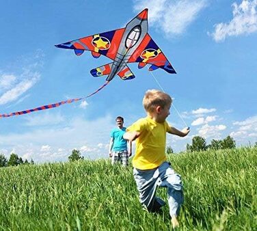 Дитячий повітряний змій HONBO, повітряний змій-винищувач для дітей та дорослих шириною 58 дюймів з довгим хвостом, включаючи 60-метрову нитку та поворотний шарнір, найкращий великий пляжний змій. ЧЕРВОНИЙ