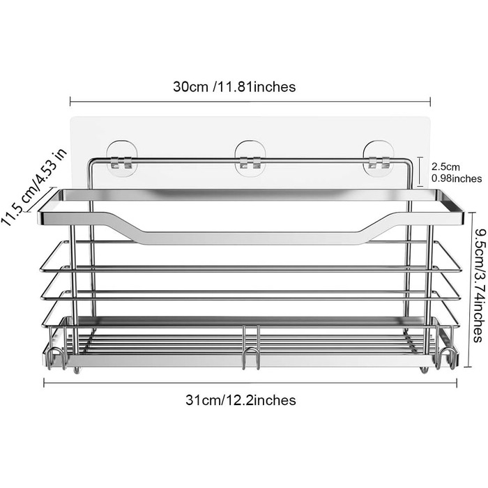 Душова полиця без свердління Самоклеючий кошик для душу Настінна полиця для ванної кімнати Кошик для ванни SUS304 Нержавіюча сталь - 31 x 11,5 x 12 см Срібло