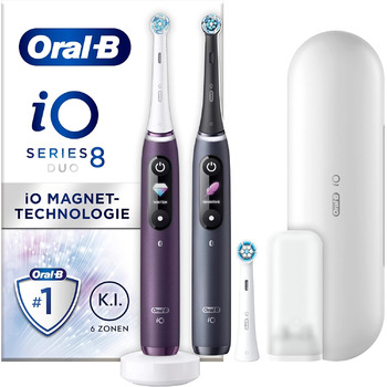 Електрична зубна щітка Oral-B IO Series 8, подвійна упаковка та 3 щітки, 6 режимів чищення для догляду за зубами, магнітна технологія, кольоровий дисплей, дорожній кейс, фіолетовий аметрін/чорний онікс