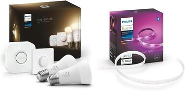 Стартовий набір Philips Hue White E27 із 2 частин, включаючи розумну кнопку та міст відтінку, 2x1055 лм і білий і полковник Lightstrip Plus 2 м база, 1600 лм, 16 мільйонів кольорів у комплекті зі світловою смугою