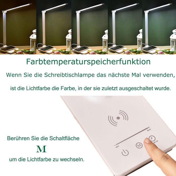 Настільна лампа, світлодіодна лампа 5 кольорів і плавного затемнення Настільна лампа Функція бездротової зарядки та приліжкова лампа Timmer Світло для грудного вигодовування з функцією пам'яті Безпечна для очей лампа для читання для робочого навчання (біл