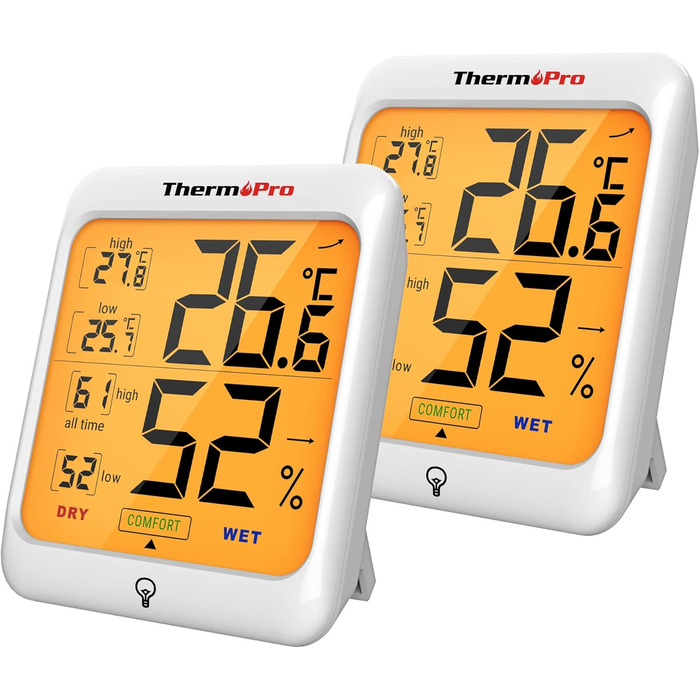 Цифровий термогігрометр ThermoPro TP53-2 кімнатний термометр для вимірювання температури та вологості для контролю мікроклімату в приміщенні, набір з 2 шт.