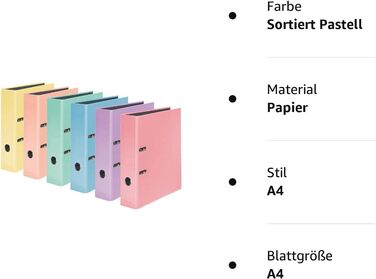 Кольорова папка шириною 8 см DIN A4 (6 папок, пастельне асорті) 6 папок пастель в асортименті