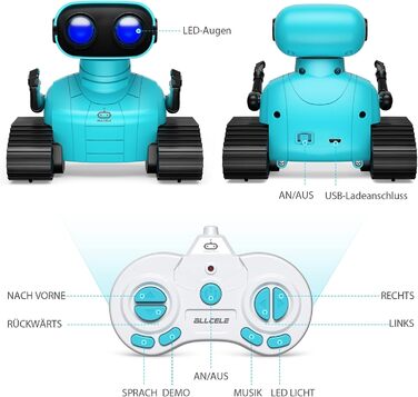 Дитяча іграшка ALLCELE Робот, що перезаряджається на пульті дистанційного керування, зі світлодіодними очима, музикою та цікавими звуками для хлопчиків і дівчаток 3 4 5 6 7 8 років і старше Подарунок - блакитний світло-блакитний стандарт