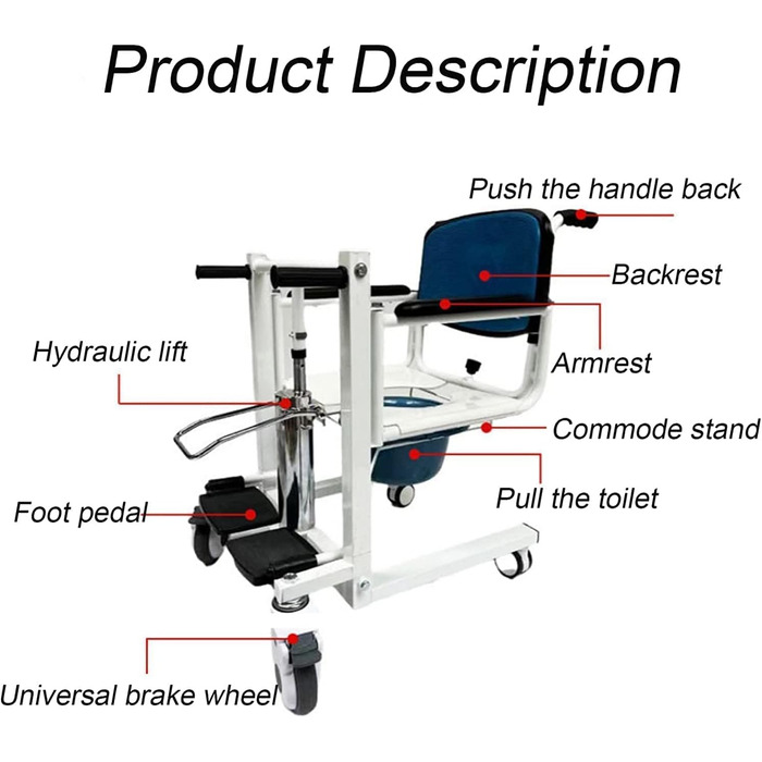 Підйомник для пацієнтів, гідравлічний інвалідний візок для пацієнта для дому, портативний перенесений інвалідний візок з розділеним сидінням на 180, тумбочка туалет, стілець для ванної кімнати, домашній перемикач для медсестер