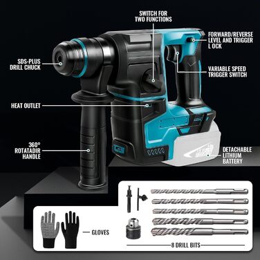 Акумуляторний перфоратор LIROPAU, сумісний з акумулятором Makita 18 В, з 8 свердлами та рукавичками, 2,2 джоуля, 1400 об/хв, 4200 ударів в хвилину, для свердління, перфорації, довбання (без акумулятора, без зарядного пристрою)