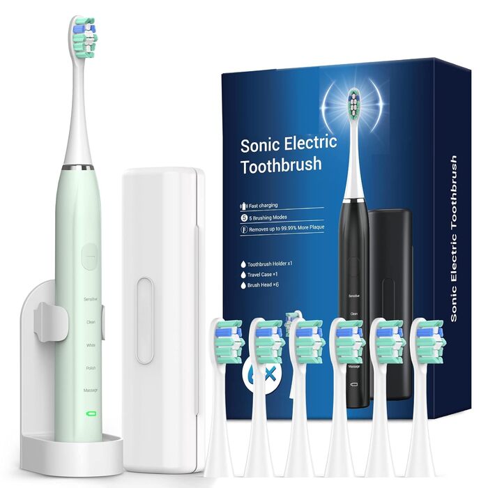 Звукова електрична зубна щітка Sonic Toothbrush - дорожні зубні щітки електричні, звукова електрична зубна щітка з 6 головками, 5 режимів, таймер, 60 днів автономної роботи, U17 світло-зелений і білий 1 шт. (1 упаковка)