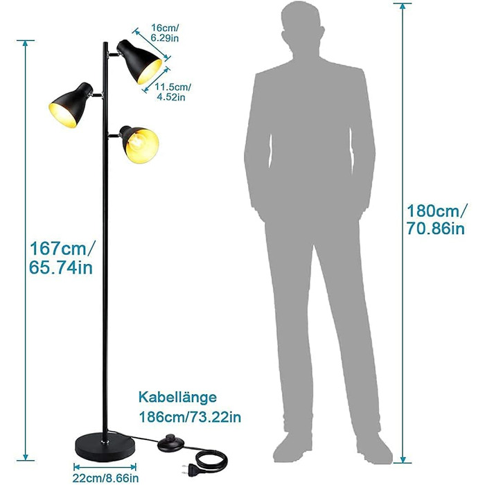 Торшер Ретро торшер з лампочкою E27, поворотний торшер з 3 полум'ями, металевий торшер Стельовий омийник чорний, Торшер для читання Торшер для вітальні, спальні, офісу, 3 Light Tree