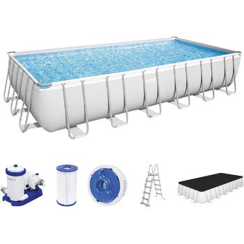 Басейн Bestway Power Steel Frame Pool Complete with Filter Pump 732 x 366 x 132 см, світло-сірий, квадратний