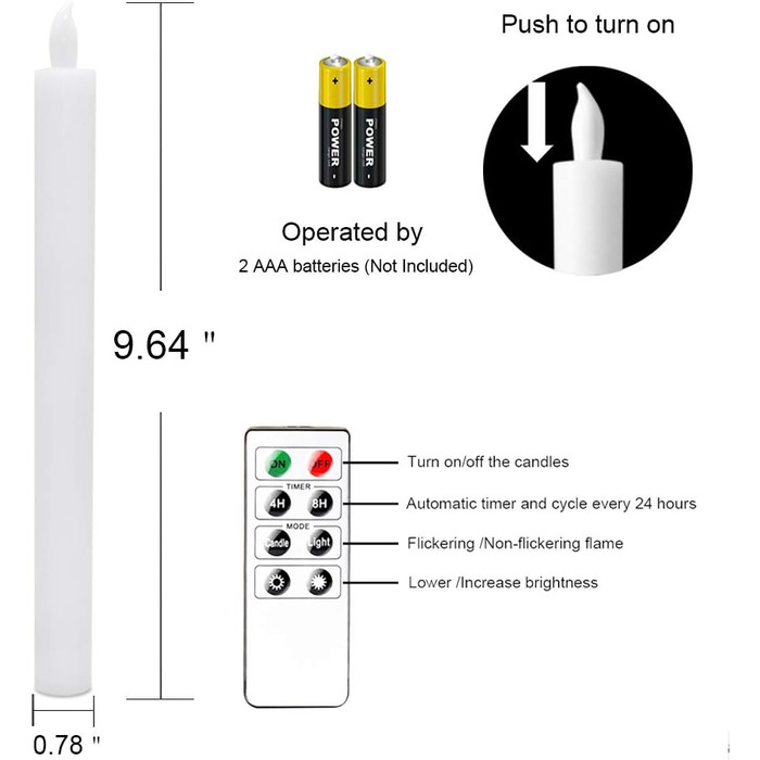 Світлодіодні свічки Eldnacele з функцією таймера, білі свічки з дистанційним керуванням, набір електричних свічок із мерехтливим полумям із 6 шт. Ø 2 x 25 см, прикраса столу для вечірки Різдво