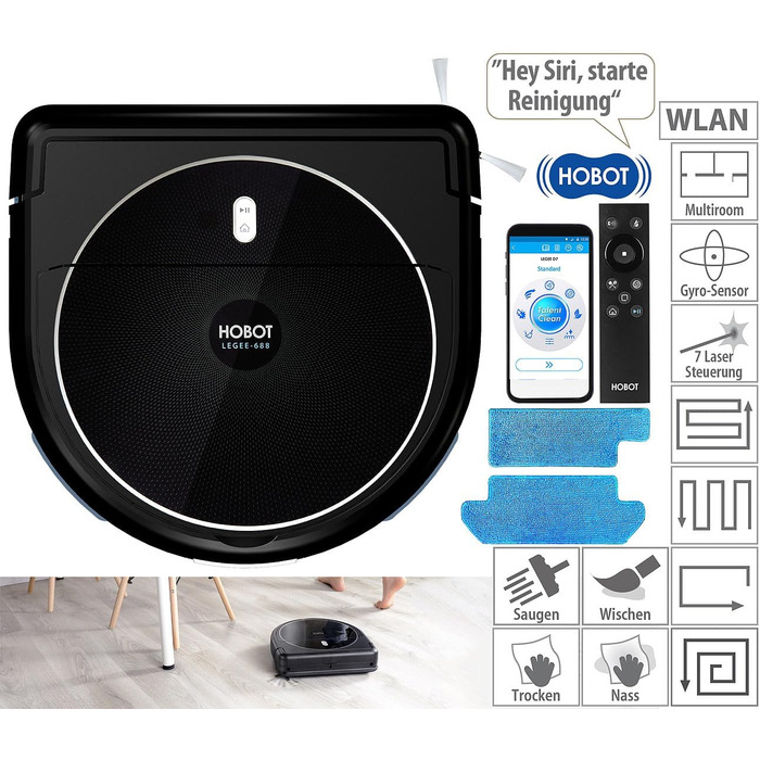 Робот-пилосос Sichler Household Appliances Wi-Fi робот-пилосос і швабра HOBOT LEGEE-688, 4-фазне прибирання та додаток (робот для сухої та вологої швабри підлоги, пристрої для миття підлоги, очищувач підлоги)