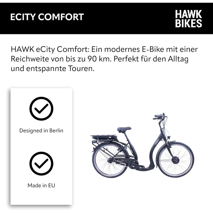 Чоловічий та жіночий електронний велосипед HAWK eCity Comfort 250 Вт I Велосипед з алюмінієвою рамою I Велосипед чоловічий 26-дюймовий з низьким входом 7-швидкісними втулковими шестернями