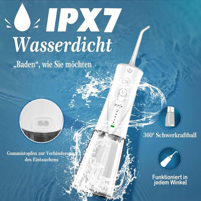 Акумуляторні іригатори для порожнини рота 230 мл 3 режими 7 насадок, водна нитка Water Flosser Travel IPX7 водонепроникна USB з акумуляторною батареєю для подорожей і дому Біло-сірий-206 206-3 режими