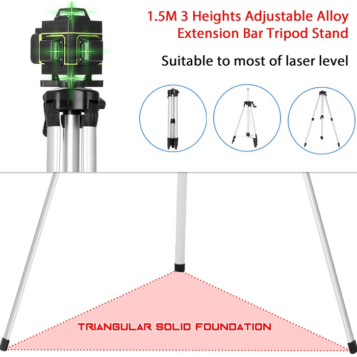 Лазер для перехресних ліній, KKnoon 4x360 лазер для перехресних ліній зі штативом, акумулятор 3000mAh*2, алюмінієвий триступеневий регульований штатив 1,5 м, з підйомною платформою та магнітним настінним кронштейном Лазерний нівелір