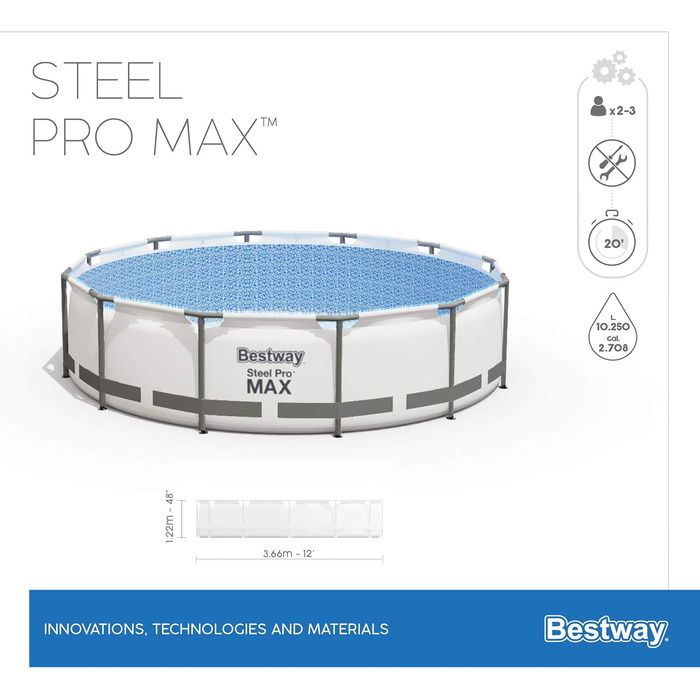 Каркасний басейн Bestway Steel Pro MAX Повний комплект з фільтруючим насосом Ø 366 x 122 см, світло-сірий, круглий одинарний