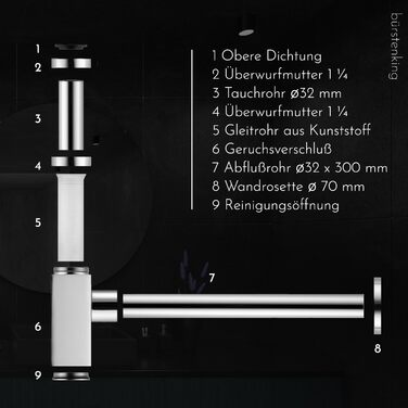 Сифон Brstenking Universal Design для умивальника та умивальника, простий монтаж та очищення, з'єднувальна різьба 1 1/4 дюйма, кругла форма, чорно-матова (хромована)