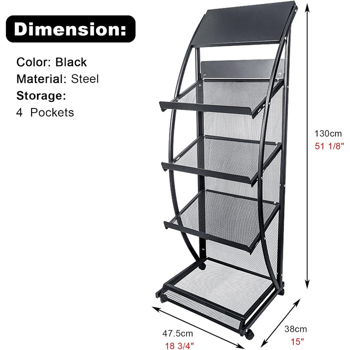 Органайзер-тримач для журналів, портативний стелаж для брошур та літератури з 4 кишенями, підлоговий стелаж для зберігання на колесах, простий монтаж