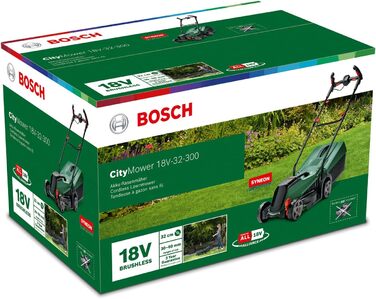 Акумуляторна газонокосарка Bosch для дому та саду Bosch CityMower 18V-32-300 (система 18 вольт, система P4A, акумулятор 4,0 Ач, безщітковий двигун, ширина скошування 32 см, газони до 300 м, в коробці) з акумулятором 4,0 Ач і зарядним пристроєм CityMower18