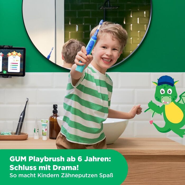 Електрична зубна щітка GUM Playbrush JUNIOR 6 Інтерактивний ігровий додаток 2 режими очищення Дуже м&39яка щетина Батарея на 8 тижнів Таймер звукова зубна щітка, акумуляторна 2 додаткові насадки для щіток Синій