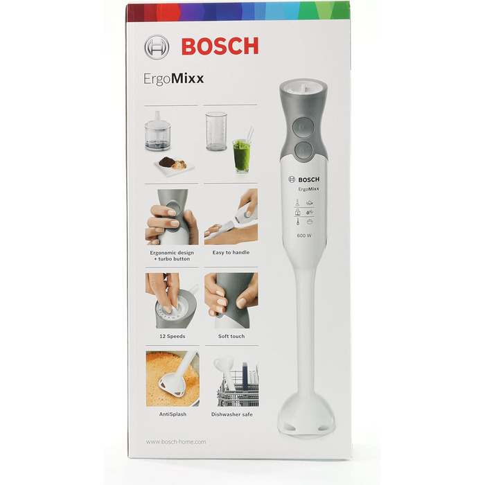 Ручний блендер Bosch ErgoMixx MSM66020, ніжка блендера, змішувально-мірний стакан, 4-лезовий ніж, ергономічний дизайн, 12 рівнів плюс турбо, 600 Вт, білий/сірий, білий/сірий