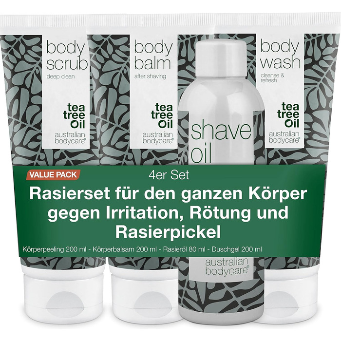 Набір для гоління всього тіла - Набір з митом для тіла, скрабом, бальзамом і маслом для гоління - Рішення для комфортного гоління - Збагачений заспокійливим маслом чайного дерева - Ідеально підходить для чутливої шкіри