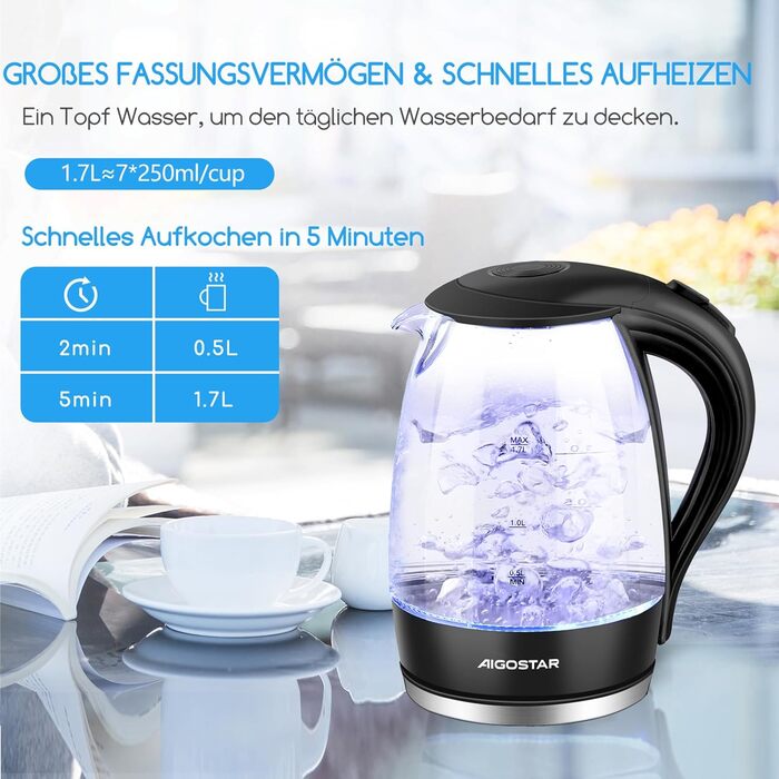 Чайник скляний 1,7 літра, 2200 Вт, світлодіодне освітлення, 100 без BPA, чайник із загущеного боросилікатного скла з фільтром вапна, основа з нержавіючої сталі 360, захист від сухого сушіння, чорний