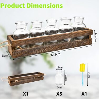 Гідропонічна скляна ваза CAREDGO, гідропонічні вази для квітів Скляна ваза з дерев'яним тримачем Скляні насіннєві рослини з дерев'яною підставкою 32см * 8см * 6см і 5 маленьких скляних ваз Вінтажна станція розмноження рослин для рослин
