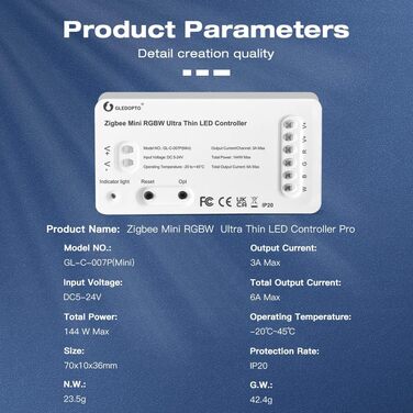 Контролер світлодіодної стрічки GLEDOPTO ZIGBEE3.02.4G Mini RGB RGB Контролер світлової стрічки DC5-12-24V Голосове керування за допомогою програми Сумісний з Tuya SmartThings Storeo Echo Plus